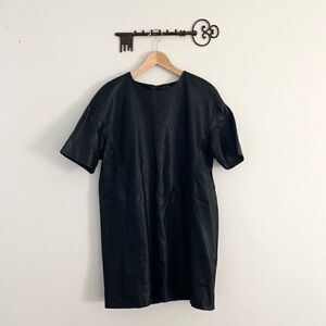 Zara Trafaluc black vegan leather mini dress short sleeve pockets size large